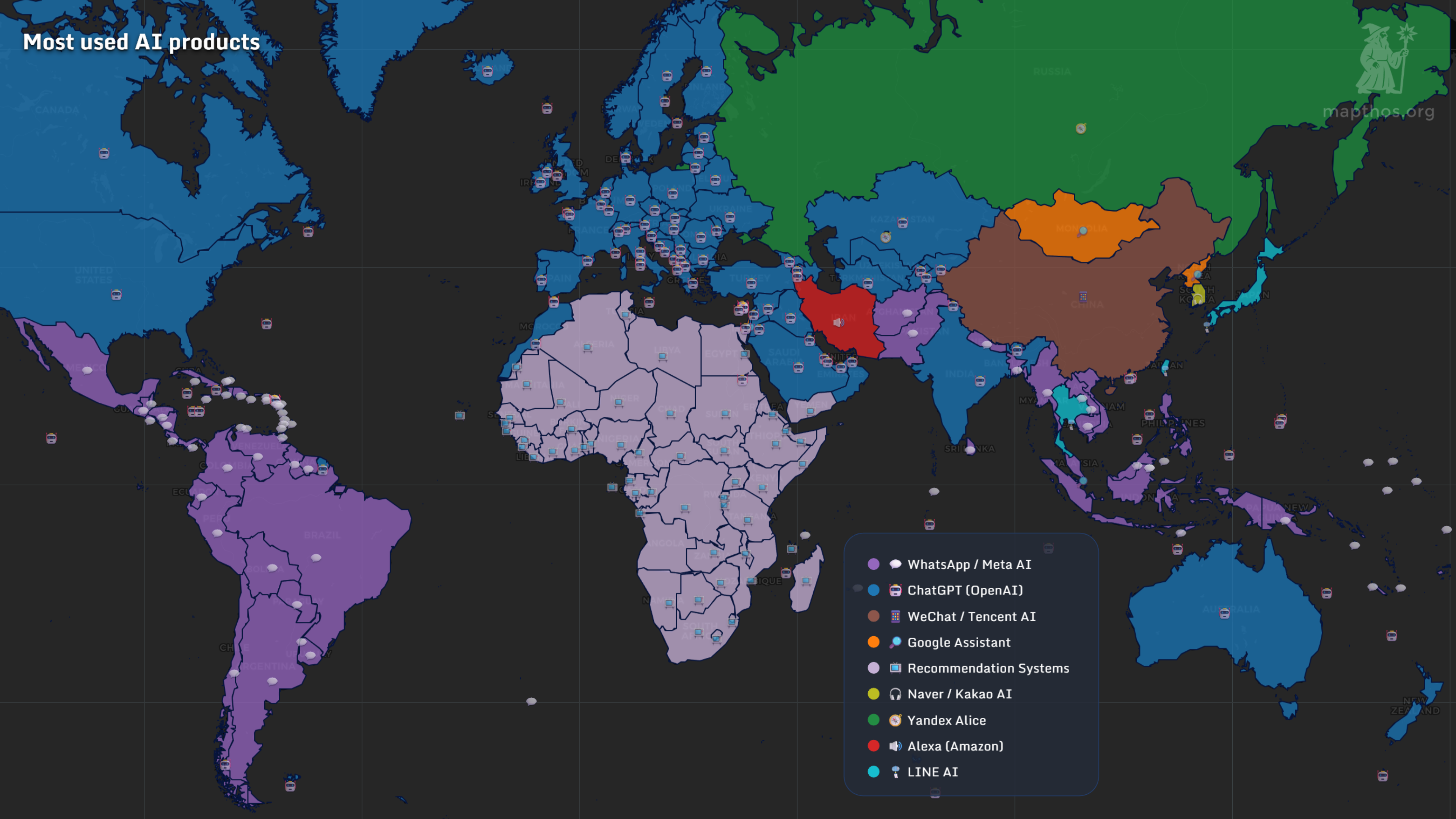 Global map of most used AI products in 2025