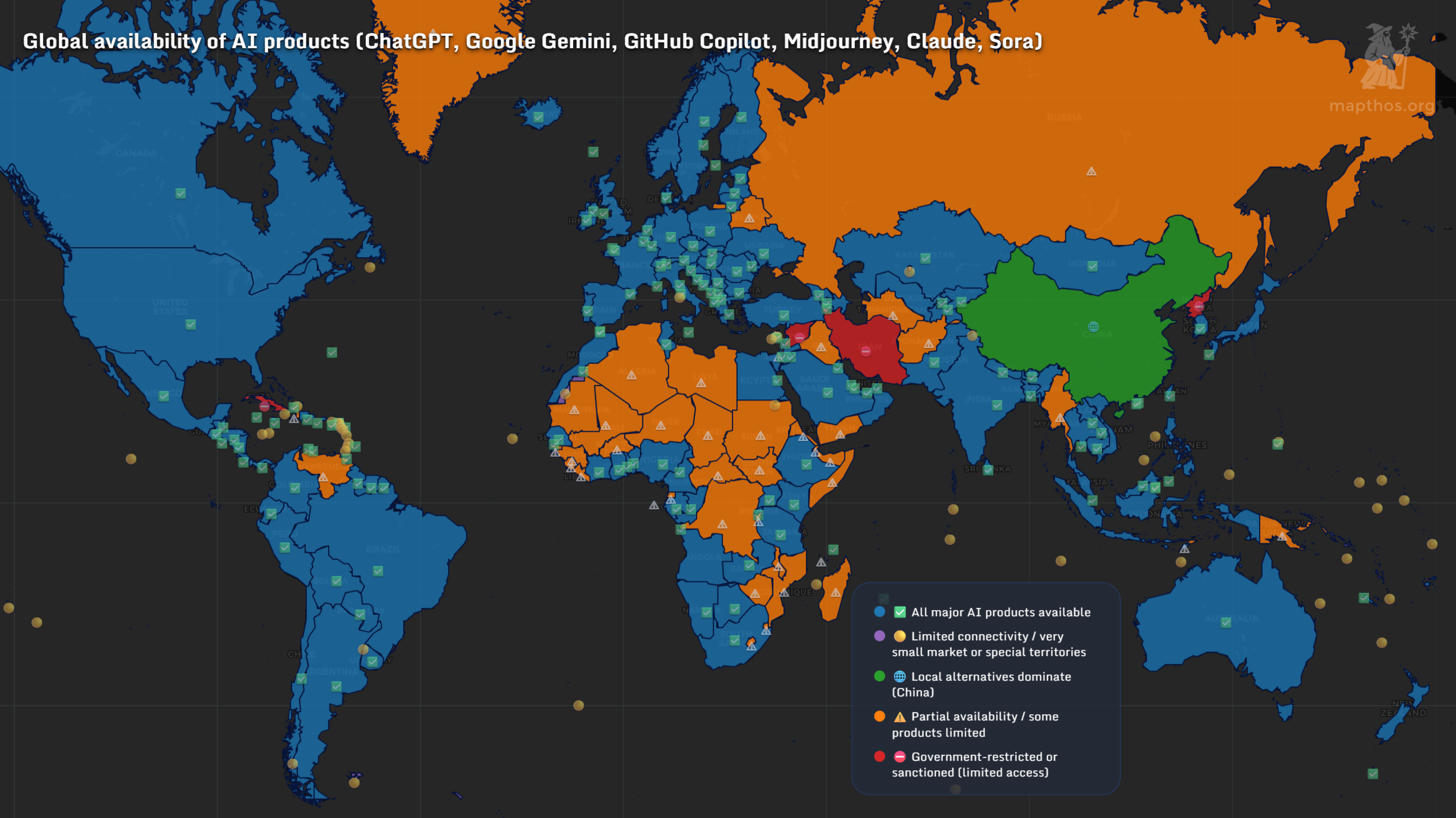Global map showing availability of major AI products like ChatGPT, Gemini, Midjourney, Claude, Copilot, and Sora