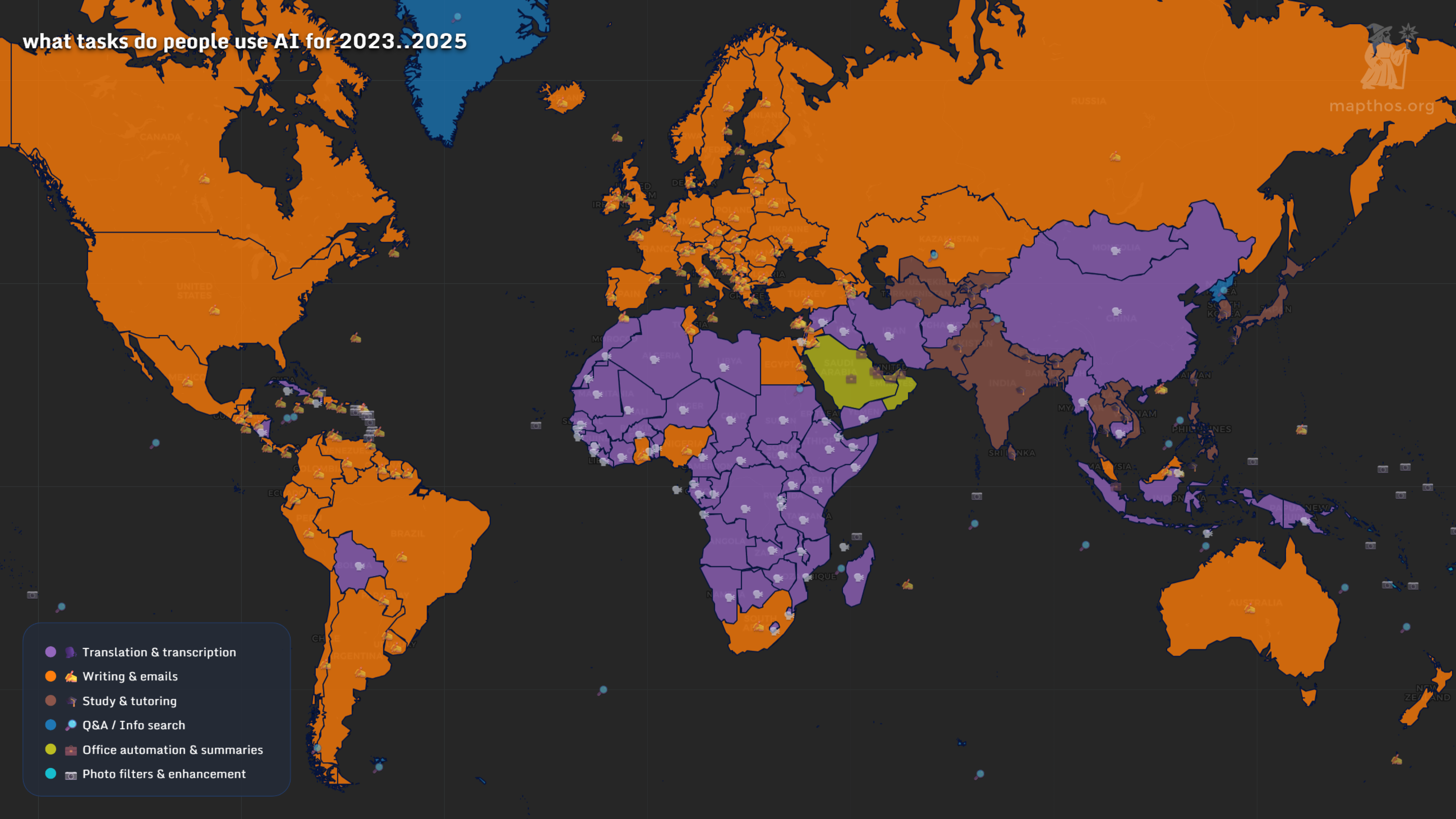 World map showing what tasks people use AI for, 2023–2025