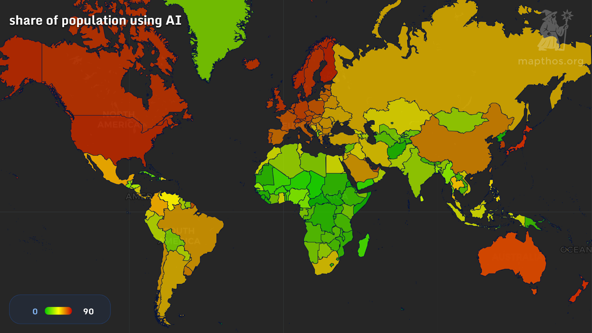 Map showing share of population using AI in 2025