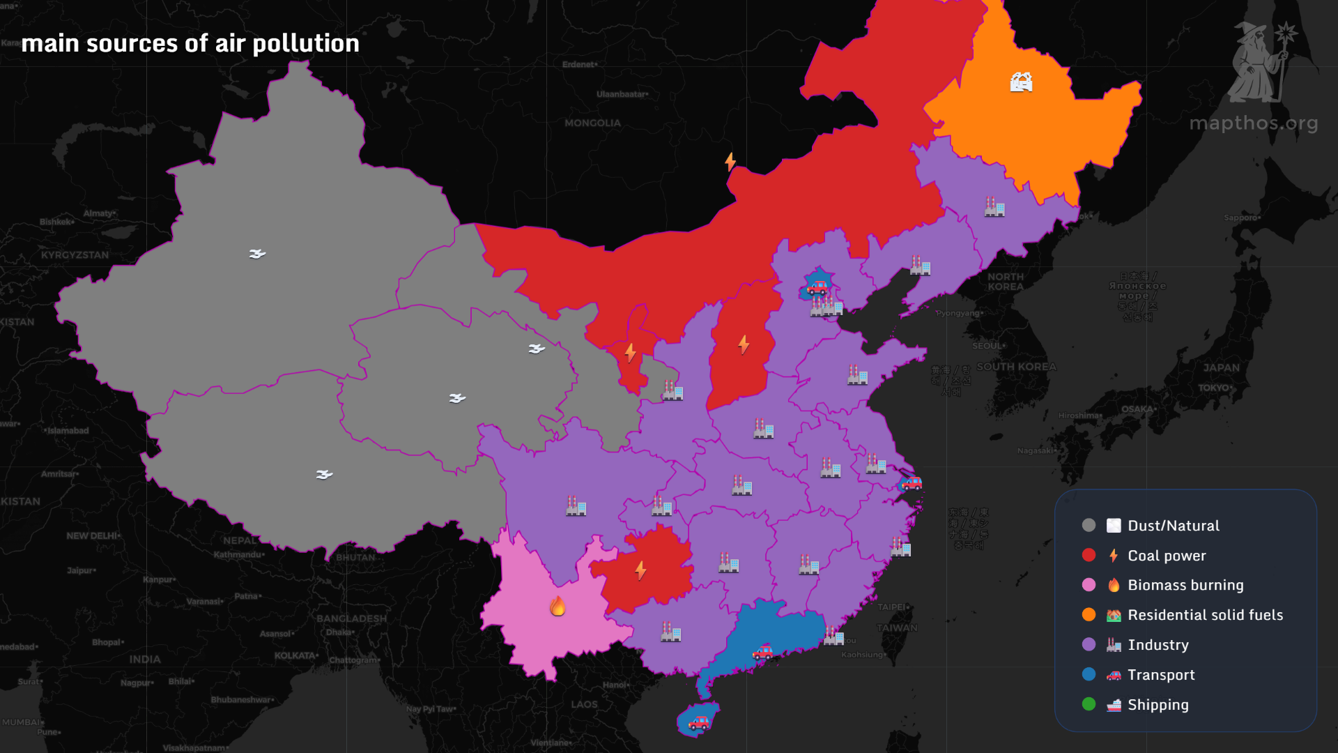 Map showing main sources of air pollution in China 2025