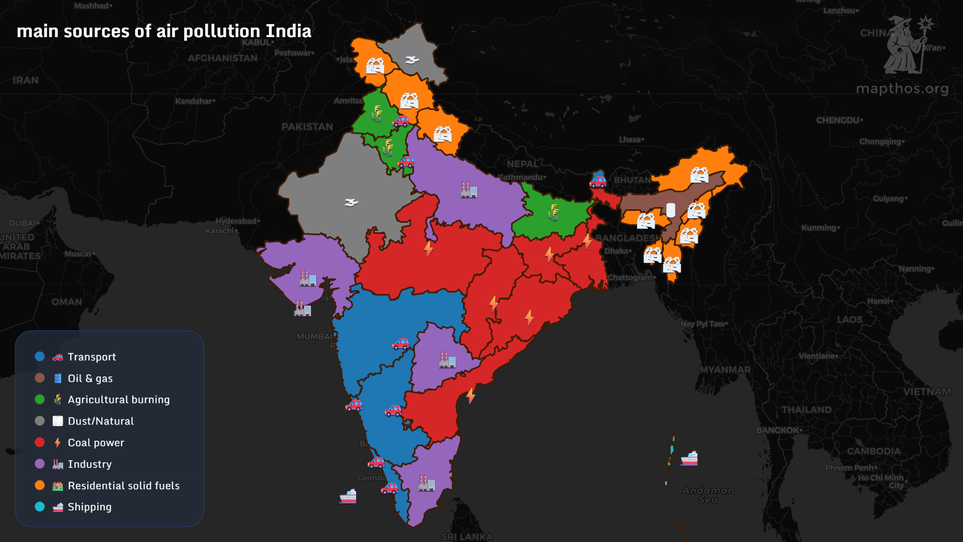 Map showing main sources of air pollution in India 2025