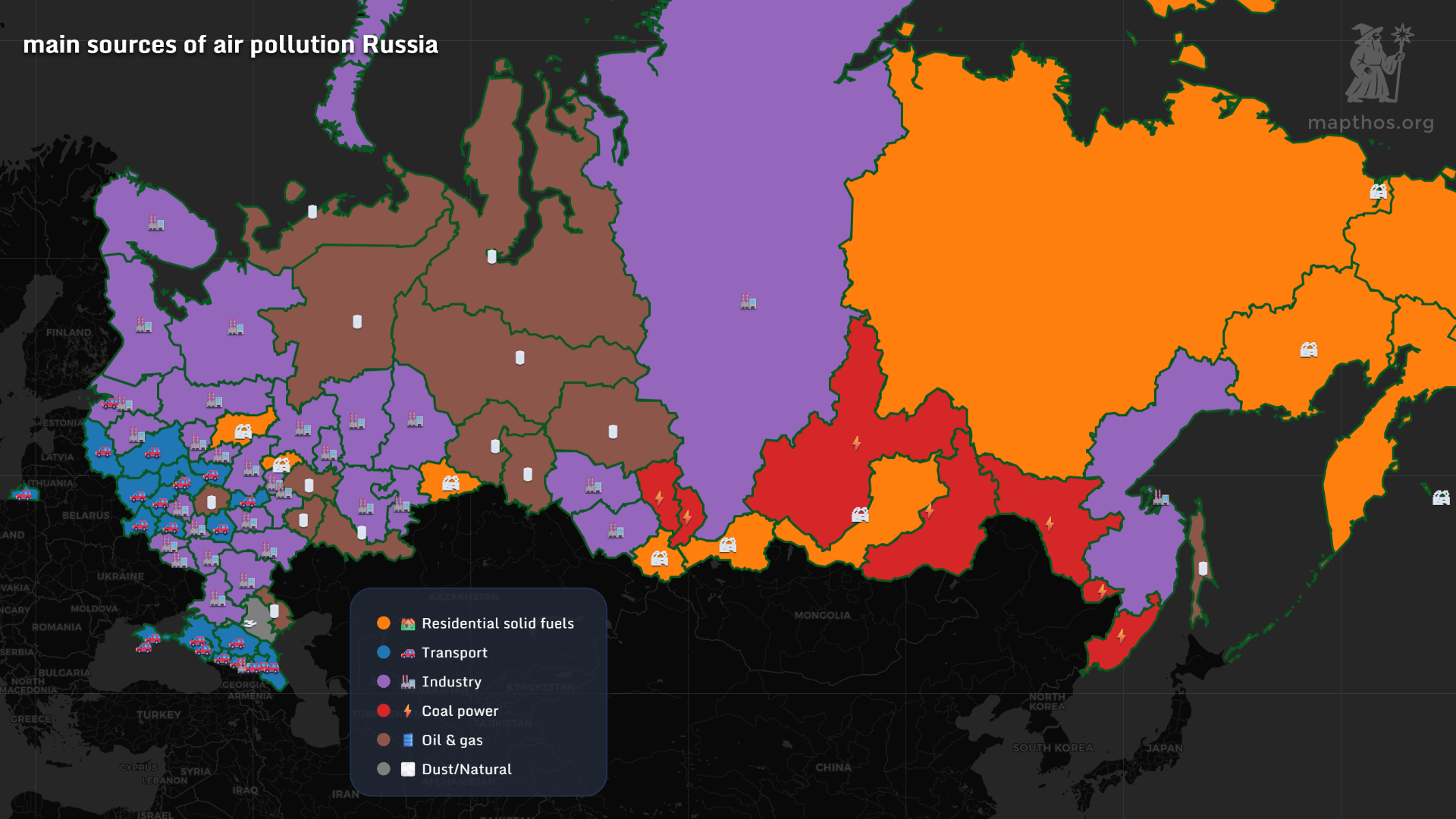 Map showing main sources of air pollution in Russia 2025
