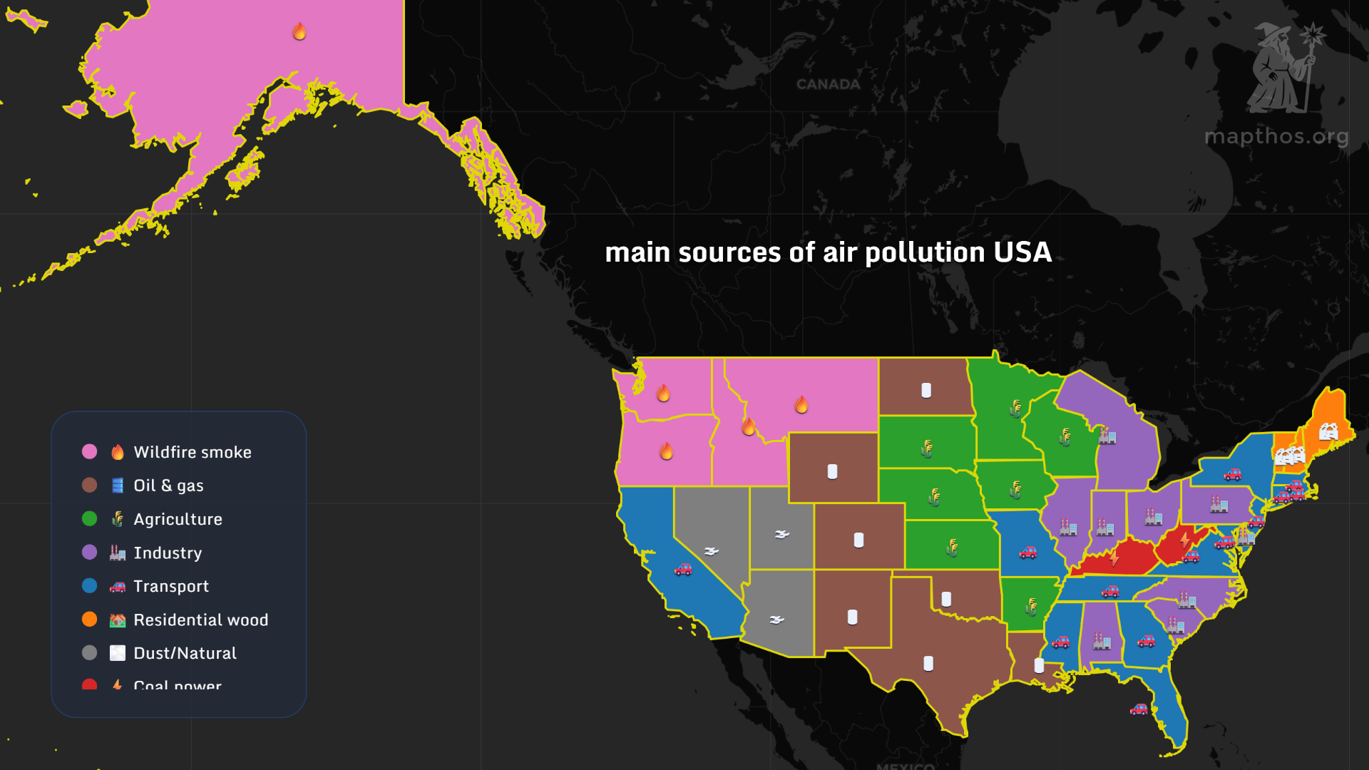 Map showing main sources of air pollution in USA 2025