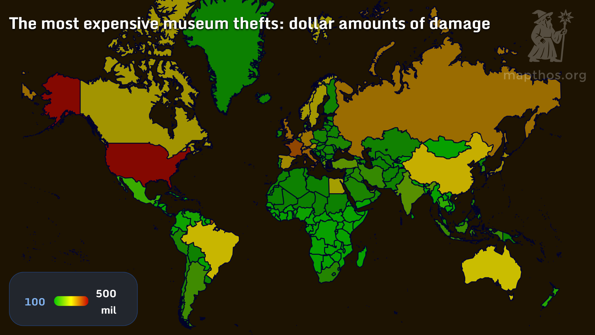 Map showing most expensive museum thefts, dollar amounts of damage
