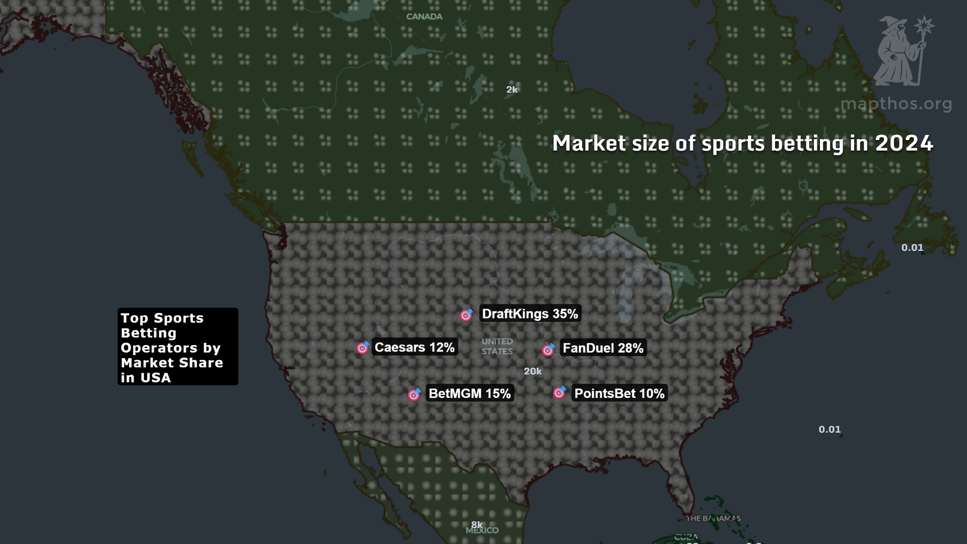Map showing top betting operators and market share in the United States
