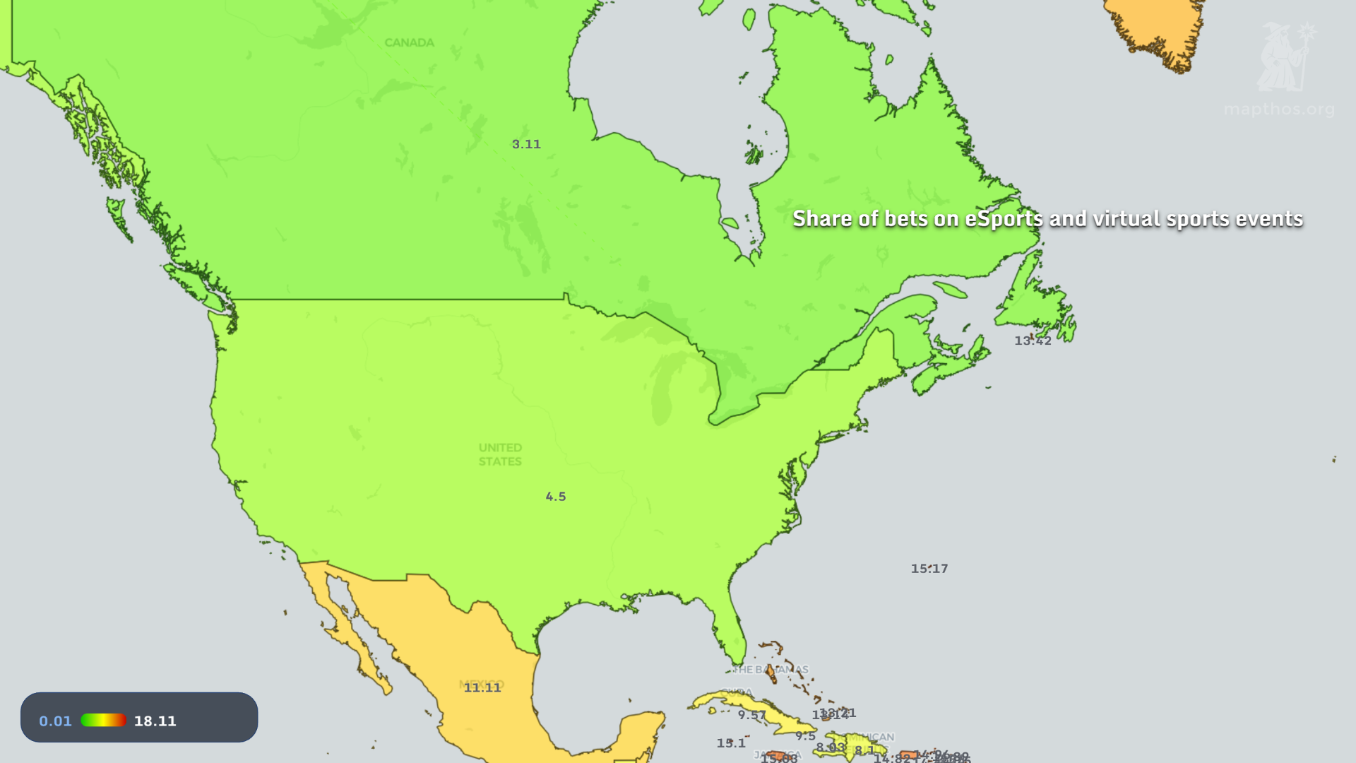 Map showing share of bets on eSports and virtual sports events in the USA