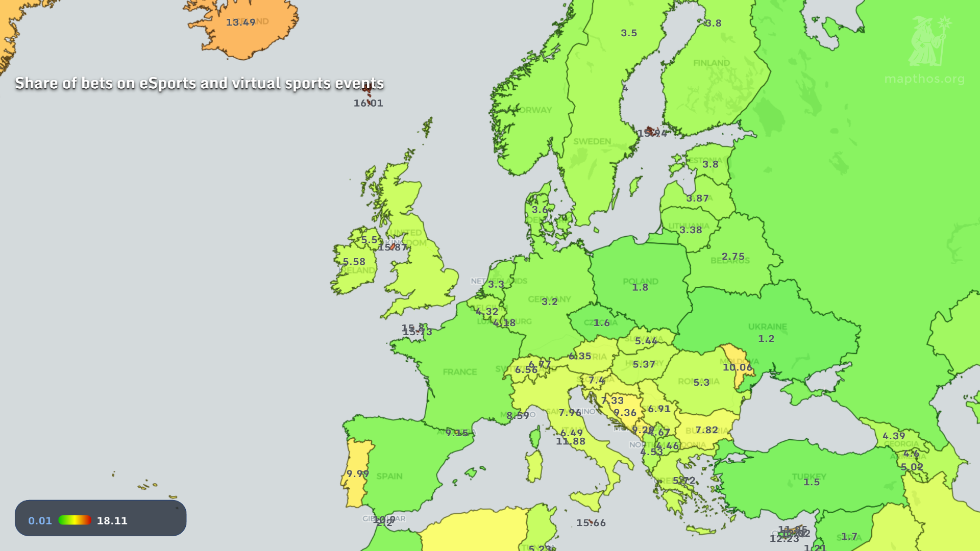 Map showing share of bets on eSports and virtual sports across Europe