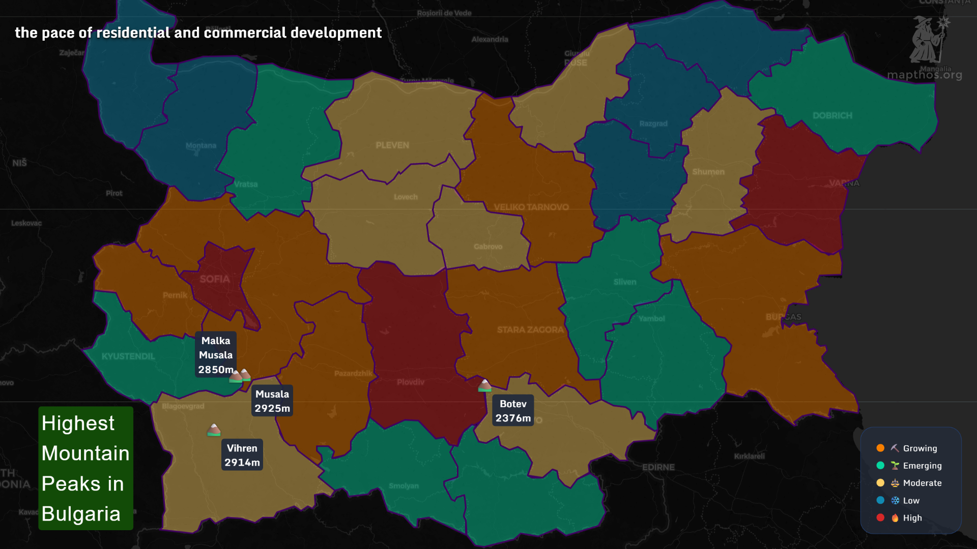 Map of Bulgaria showing highest mountain peaks and regional development pace, with Musala, Vihren, and Botev highlighted