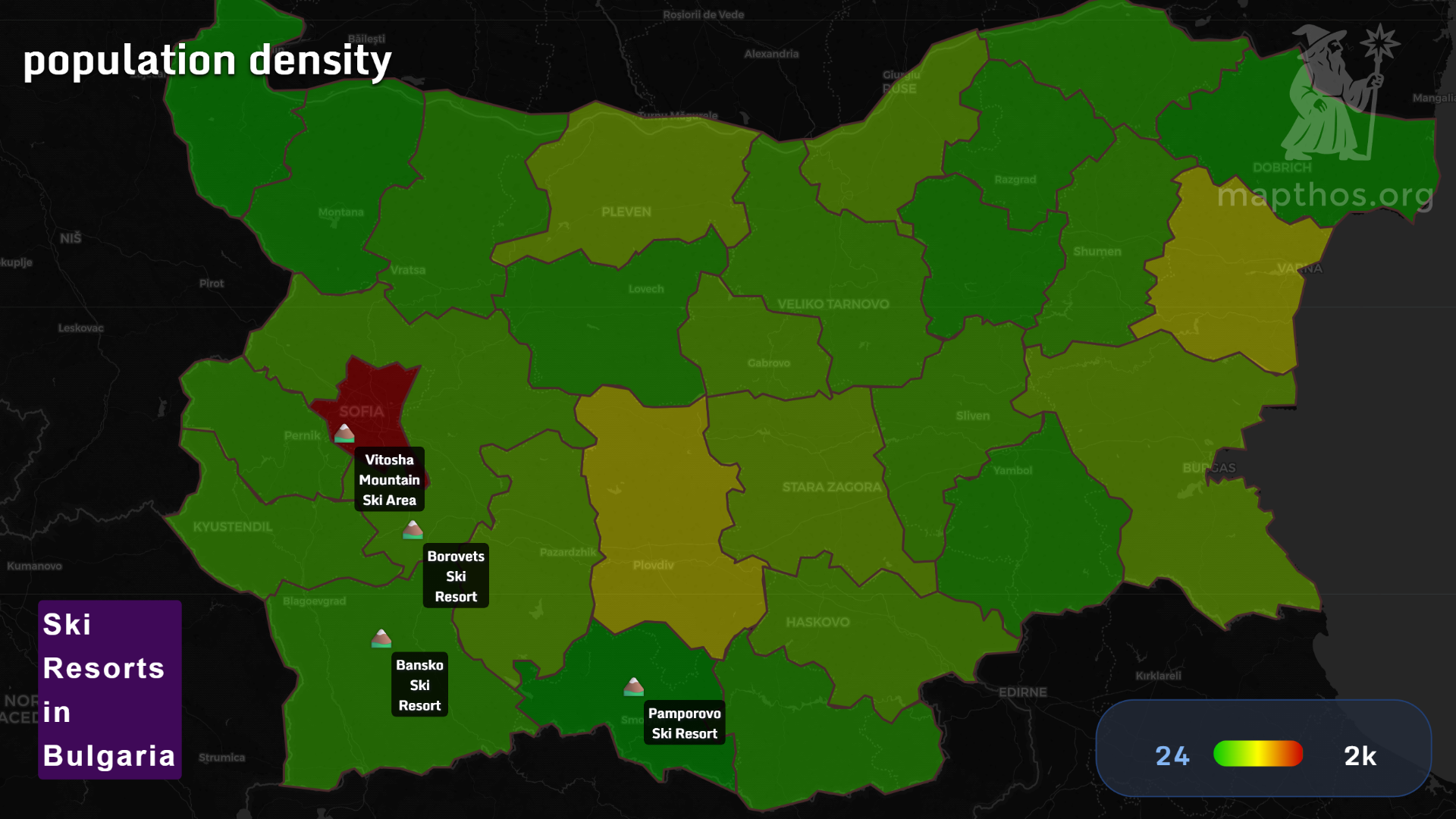 Map of ski resorts in Bulgaria—Bansko, Borovets, Pamporovo, Vitosha—on a population-density backdrop