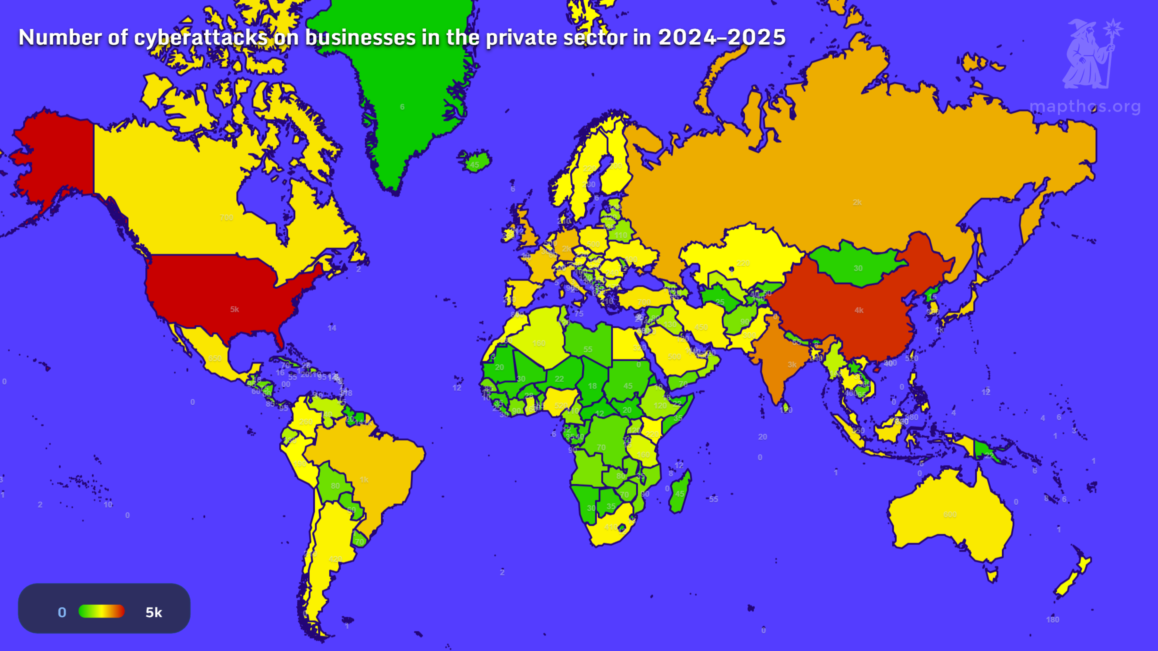 Map showing number of cyberattacks on businesses 2024–2025