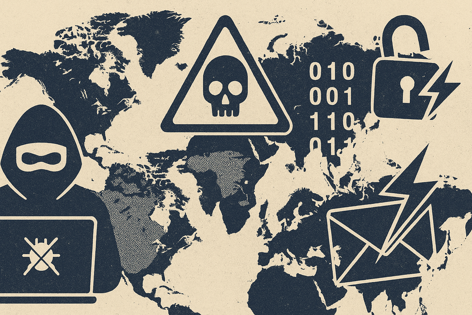 Newspaper-style offset illustration on global cyberattacks 2025