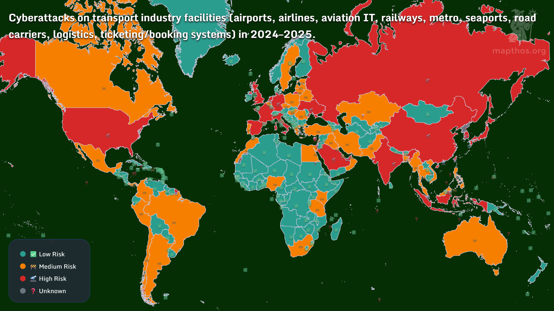 Map of cyberattacks on transport infrastructure 2024–2025