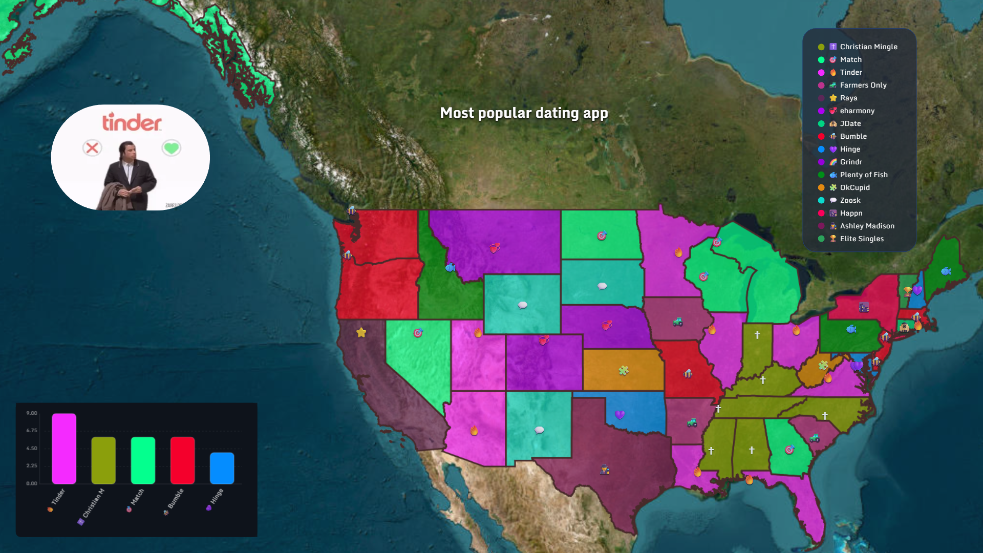 Most popular dating app by US state map