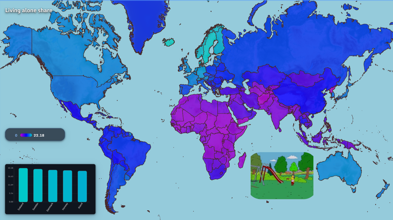 Living alone share by country map