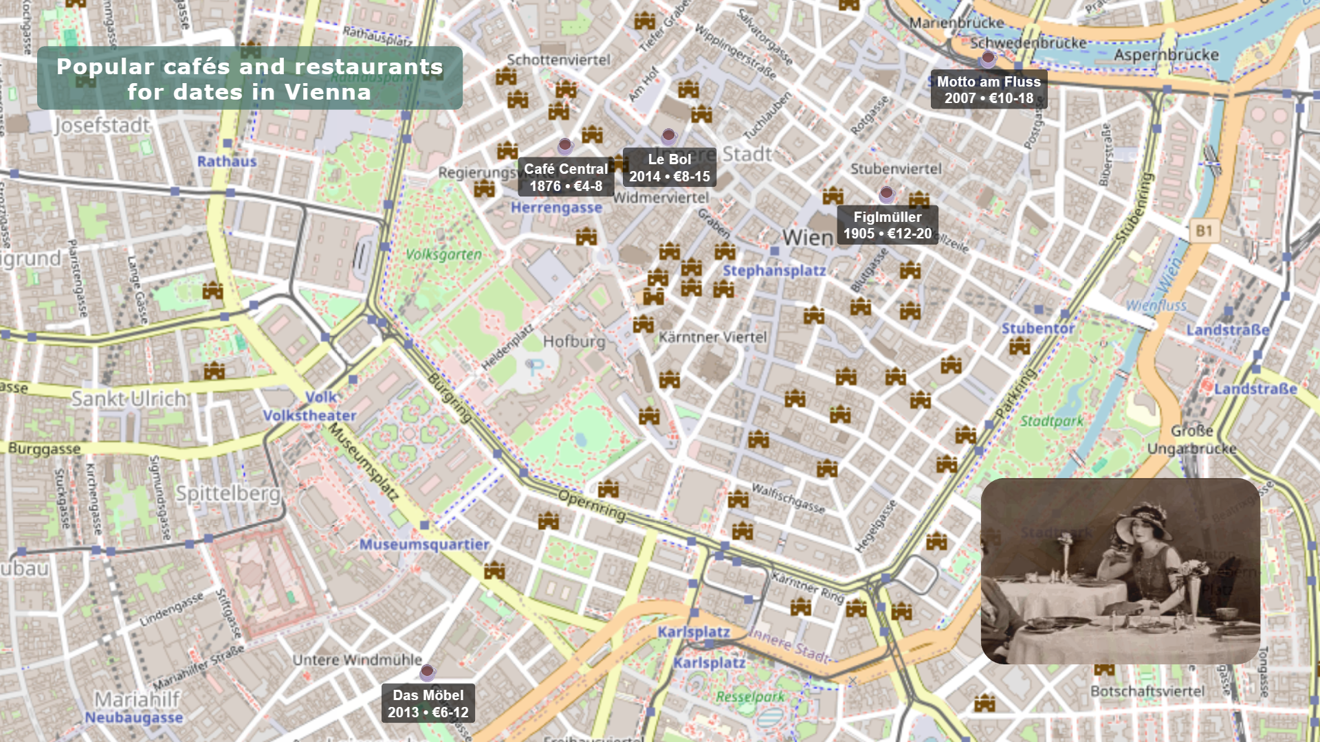Popular cafes and restaurants for dates in Vienna map