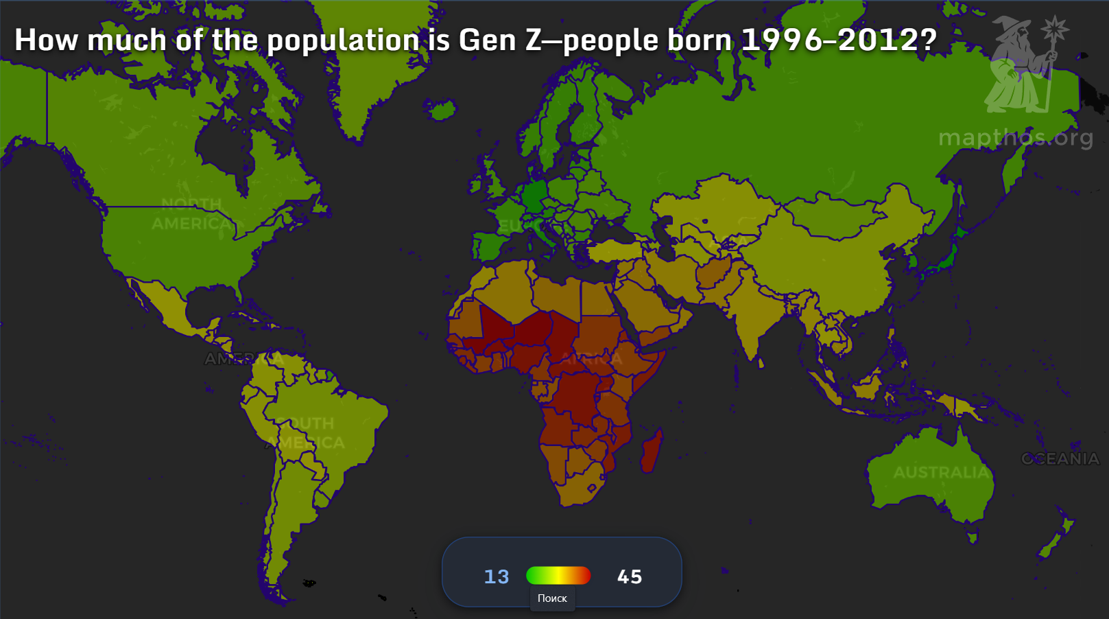 Map showing share of Gen Z by country in 2025