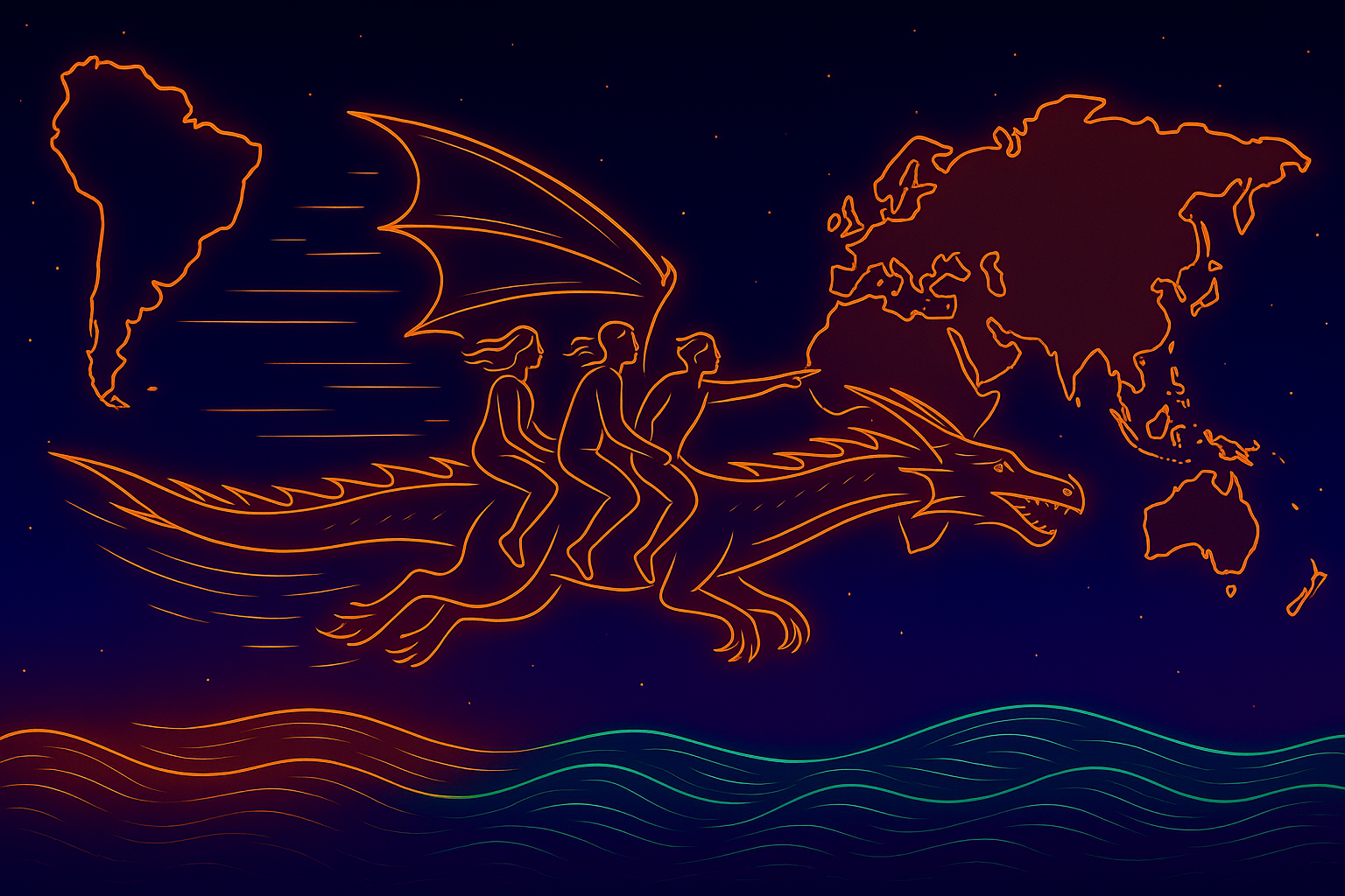 Futuristic neon illustration of people walking over glowing data waves