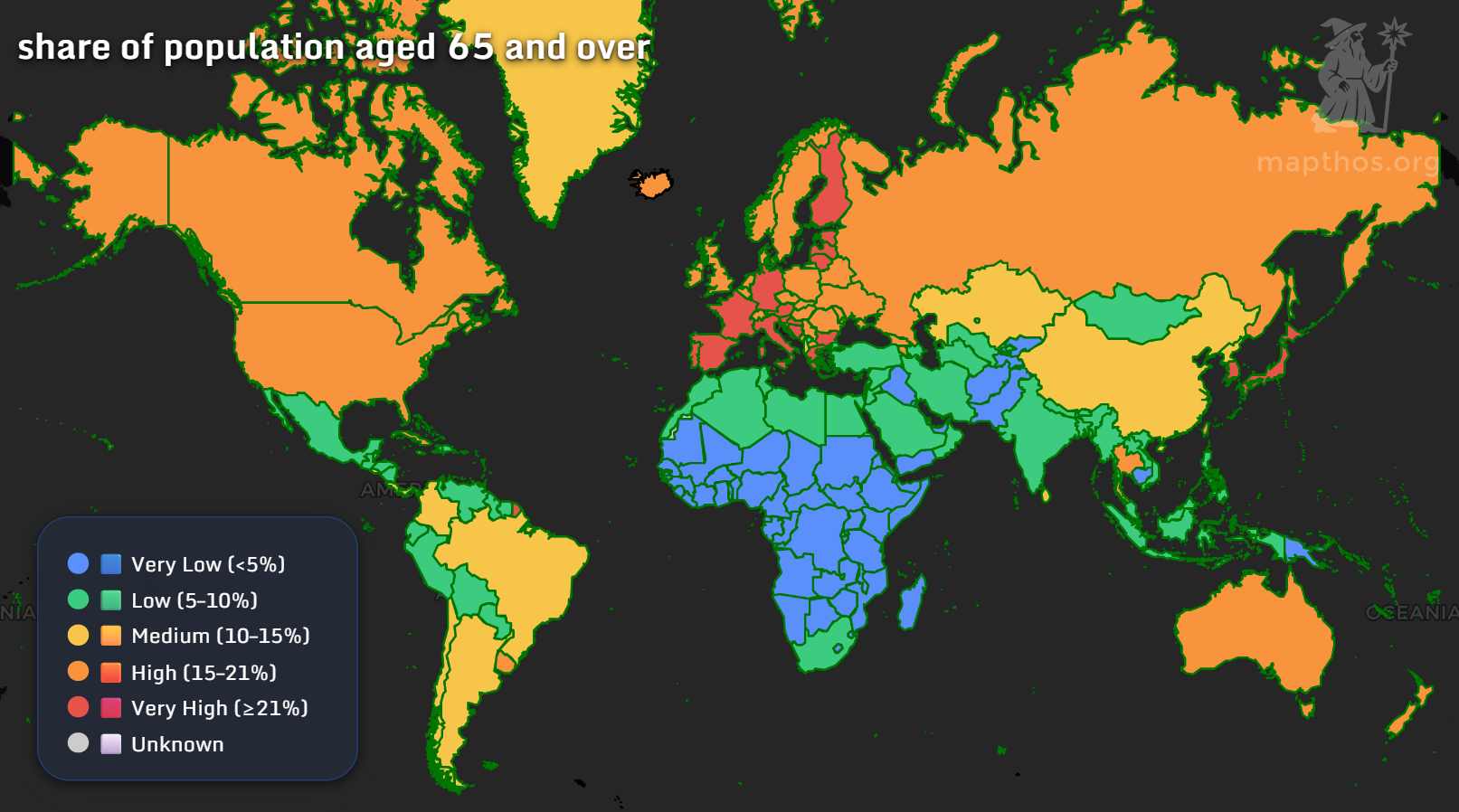 Global map of population aged 65 and over in 2025