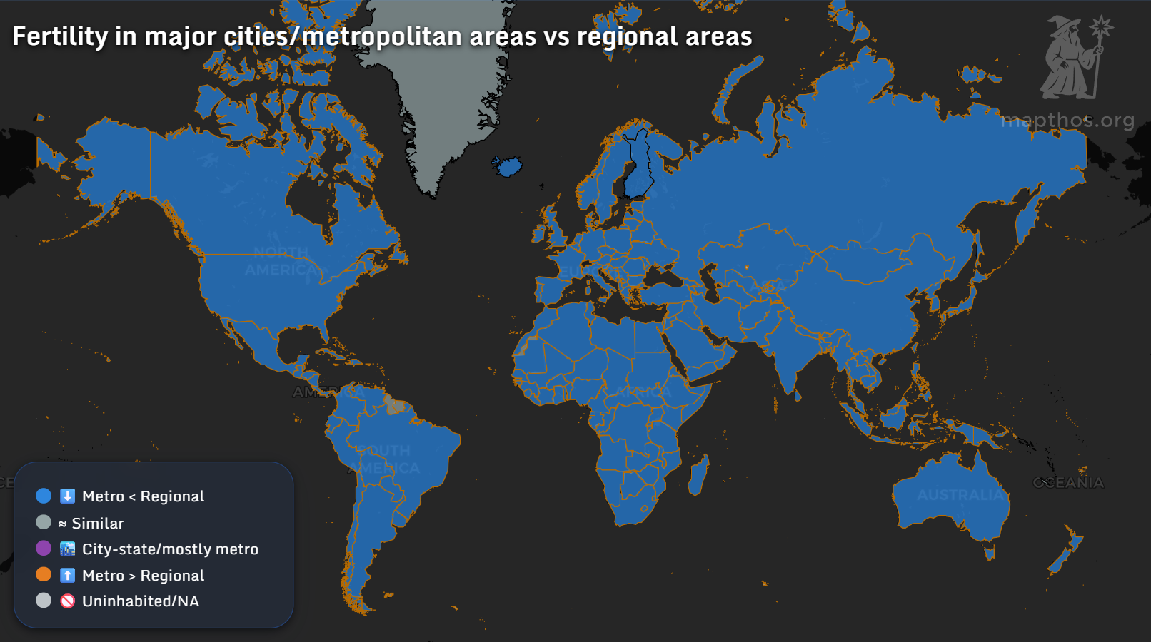 Map showing fertility rates in metropolitan vs regional areas