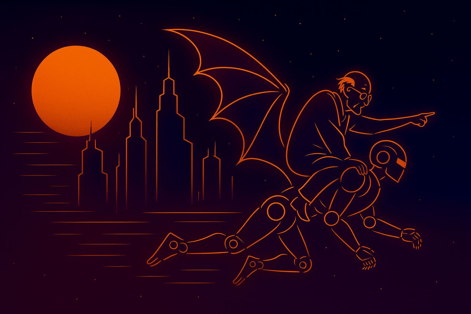 Futuristic concept of aging and automation with city skyline and robots
