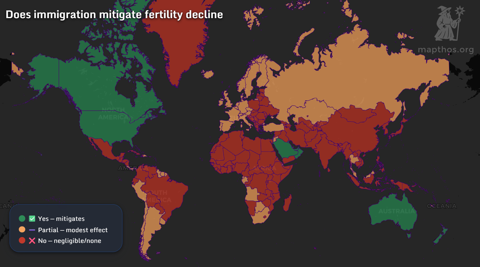 Map showing immigration impact on fertility decline