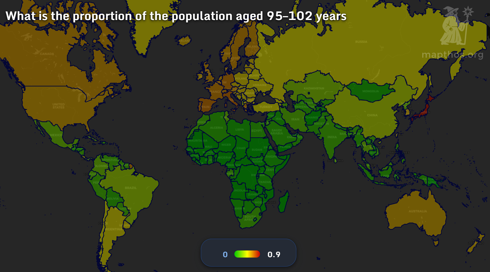 Map showing proportion of population aged 95-102
