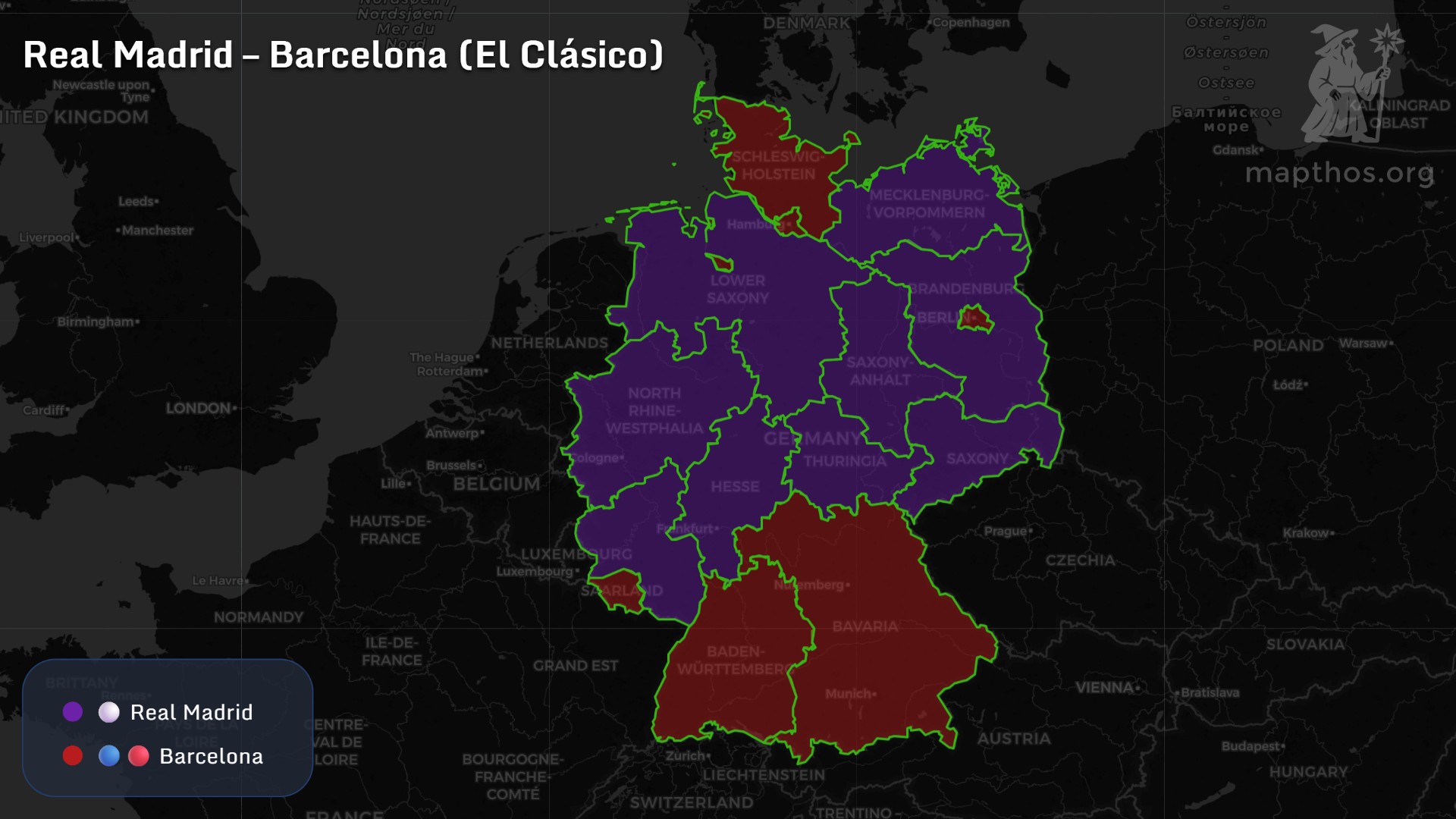 Map showing Real Madrid vs Barcelona fan distribution across Germany