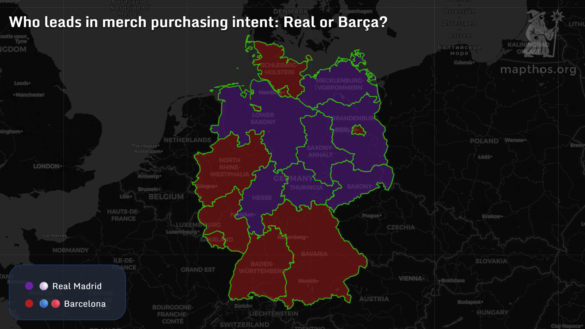 Map comparing Real Madrid and Barcelona merchandise purchasing intent