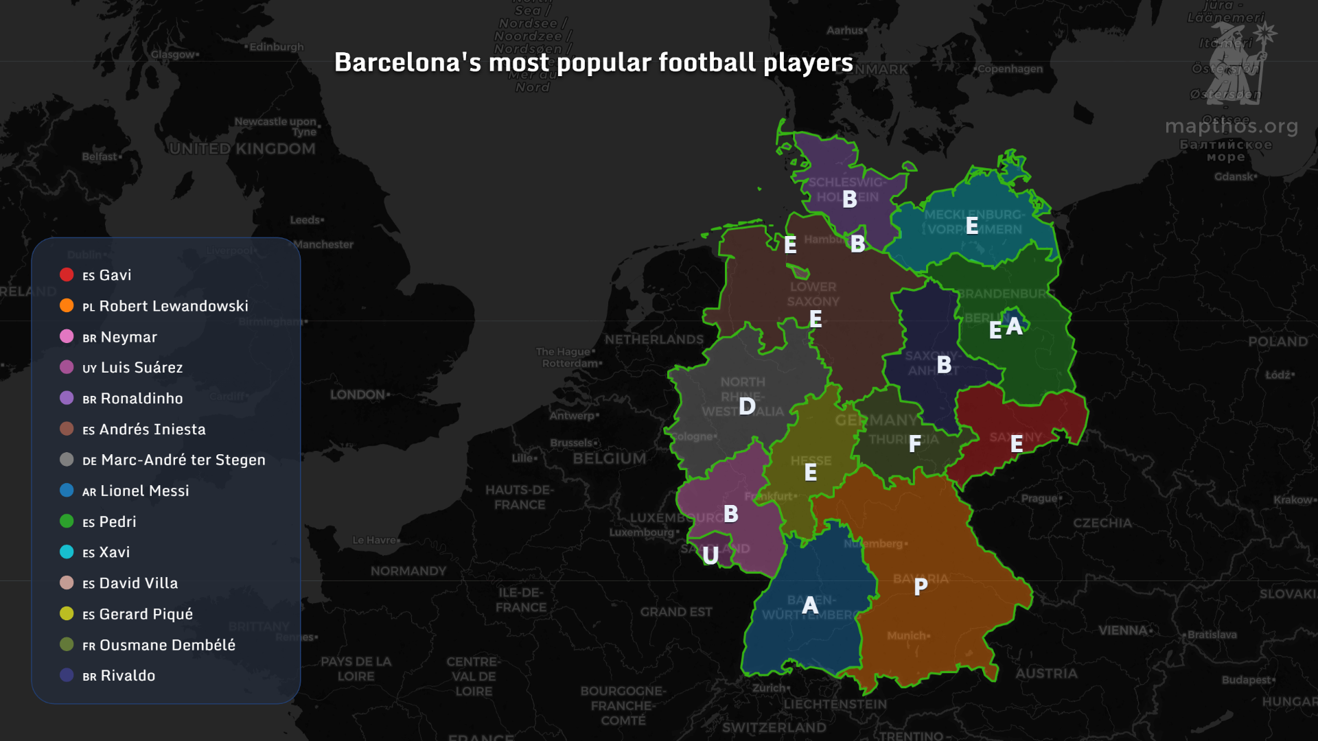 Map of Barcelona's most popular players in Germany