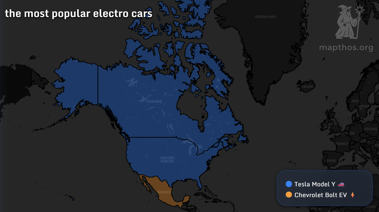North America map showing the most popular electric cars in 2025