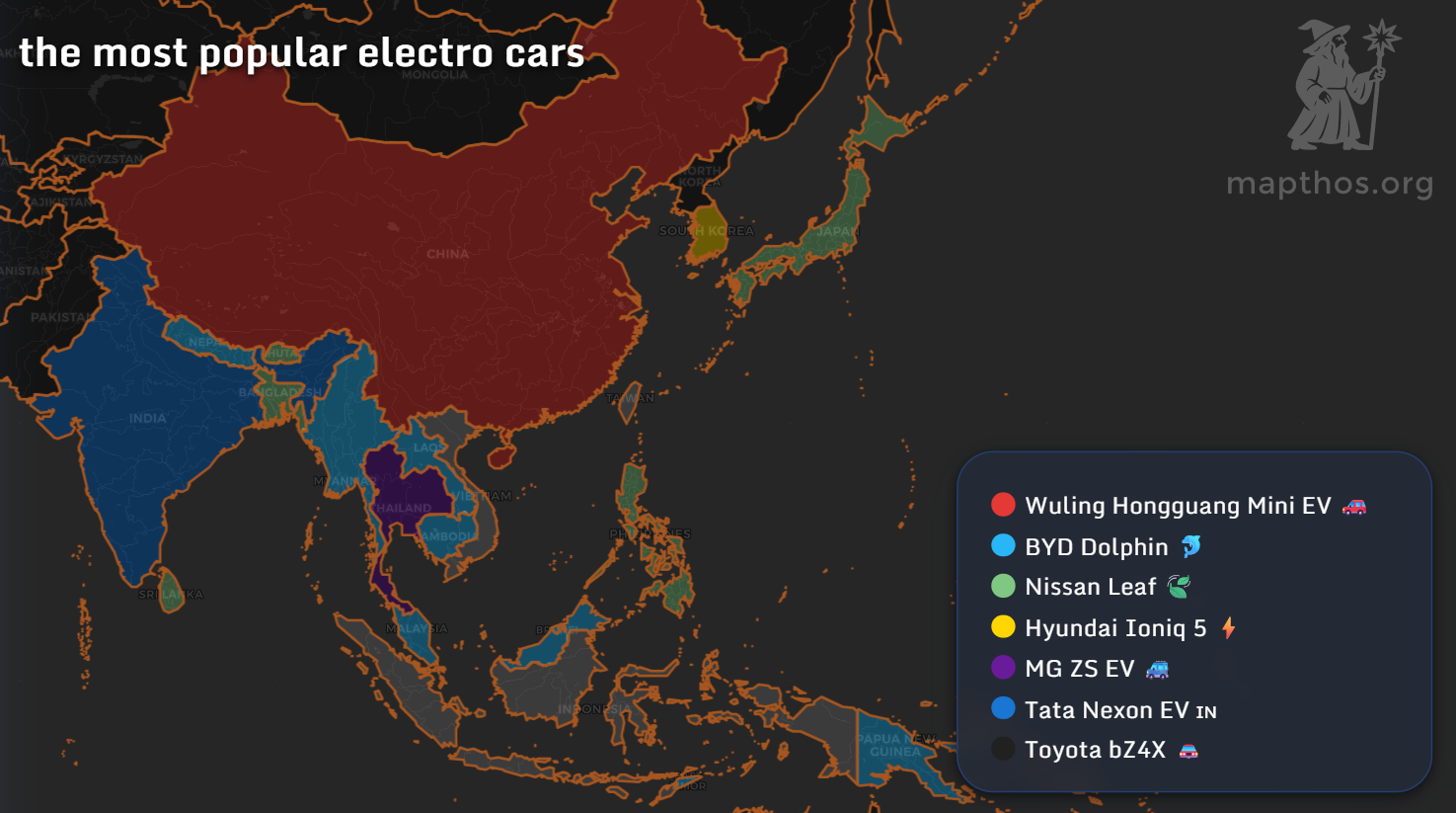 Asia map showing the most popular electric cars by country in 2025