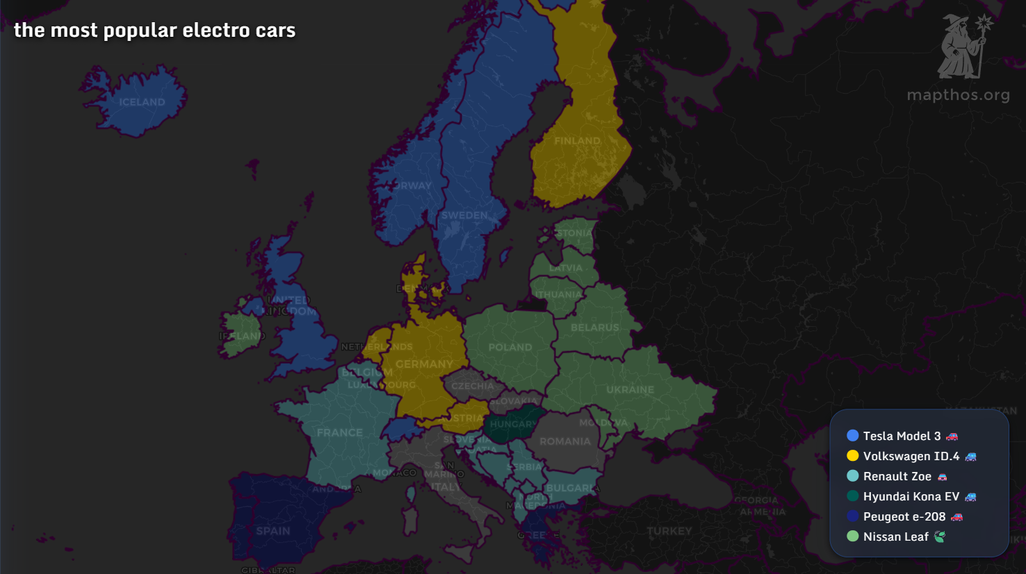 Europe map showing the most popular electric cars by country in 2025