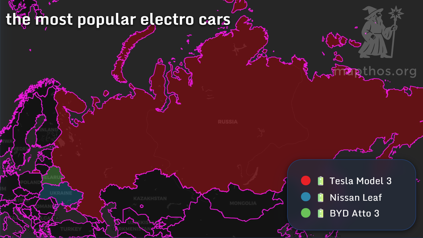 Map of Russia, Ukraine, and Belarus showing most popular electric cars