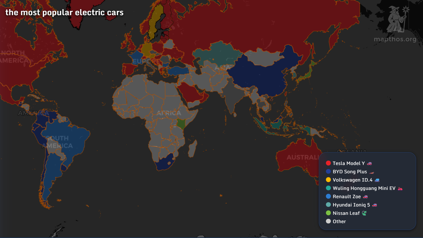 World map showing the most popular electric cars by country in 2025