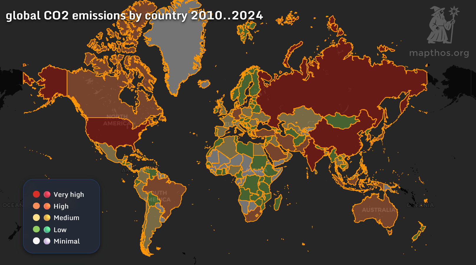 Global CO2 emissions by country map 2010-2024