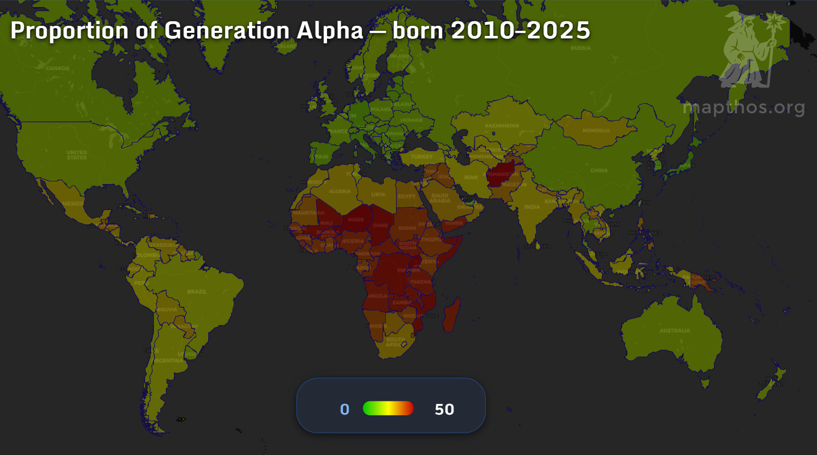 Proportion of Generation Alpha (2010–2025) by country map