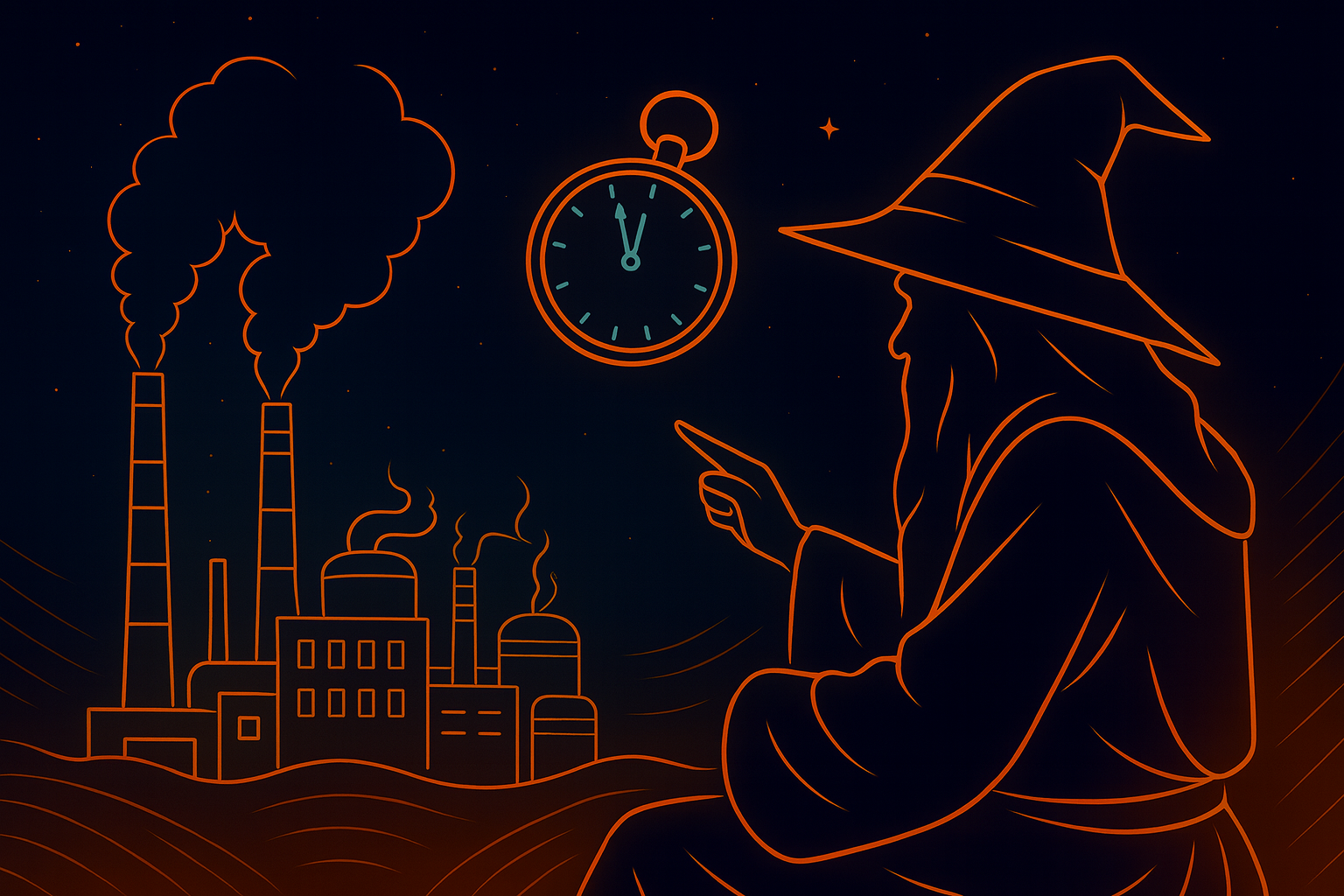 Wizard watching polluting factories under a clock showing five minutes to midnight