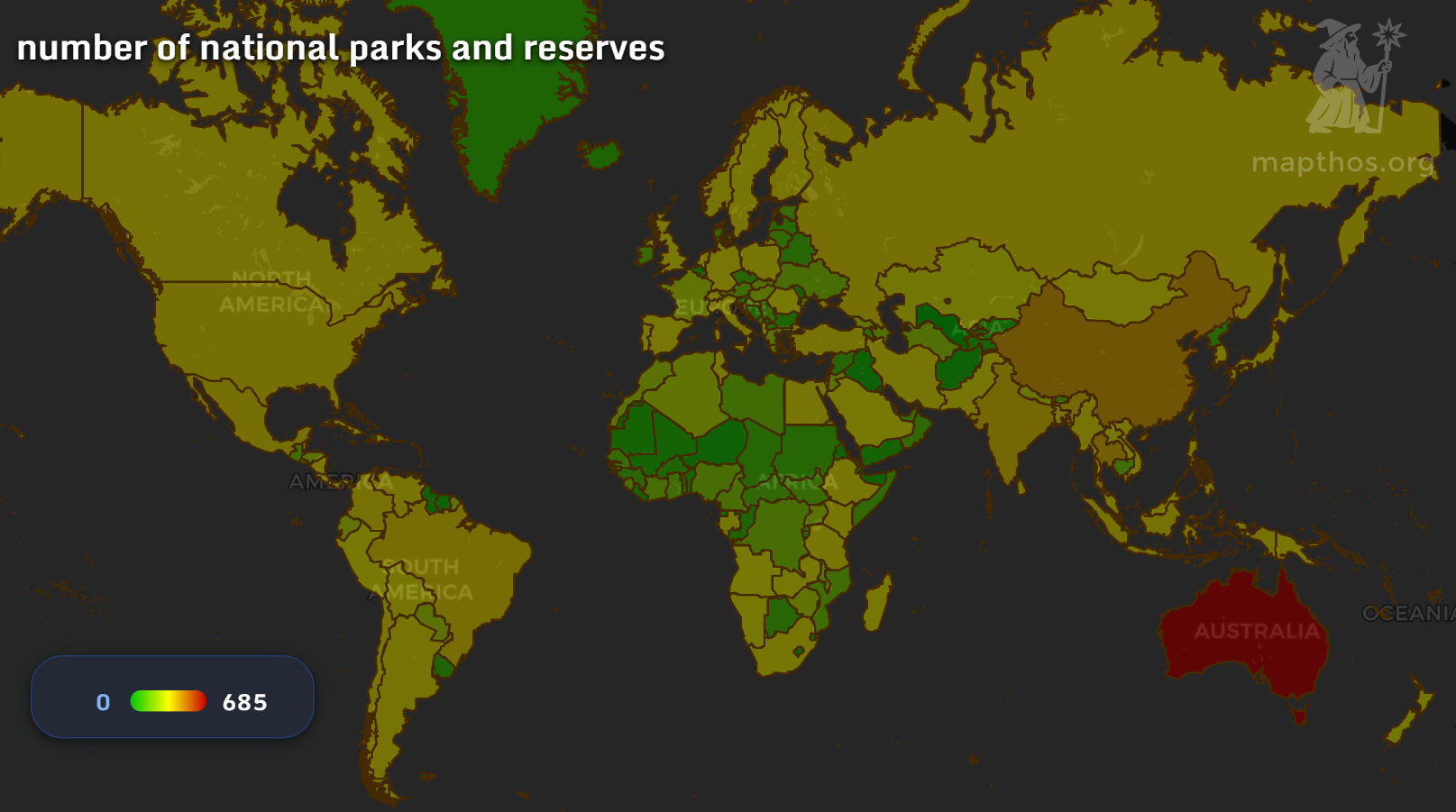World map showing national parks and reserves
