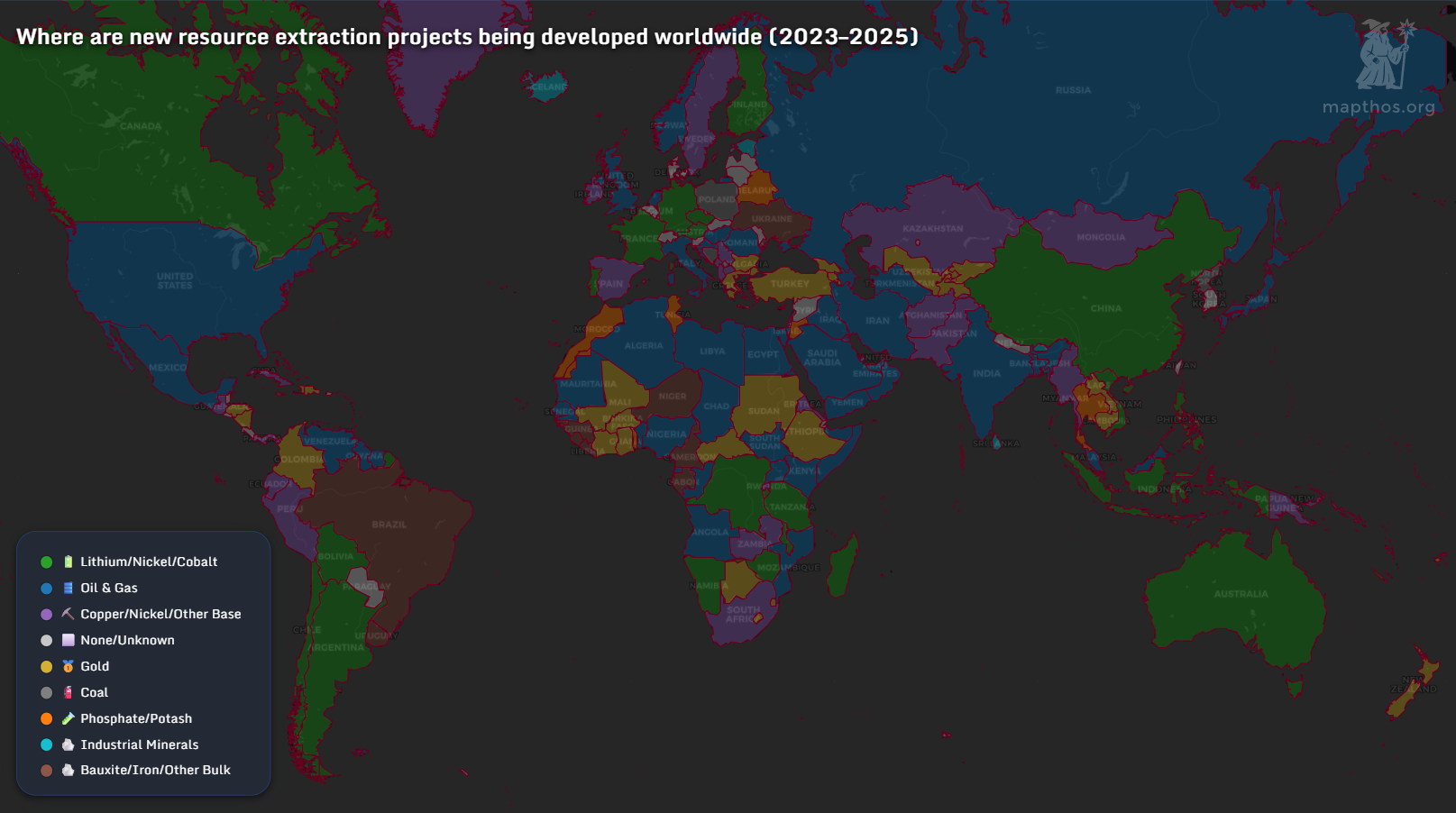 Map of where new resource extraction projects are being developed worldwide (2023–2025)