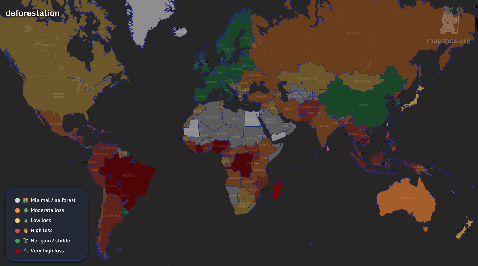 Map of global deforestation and forest loss (2023–2025)