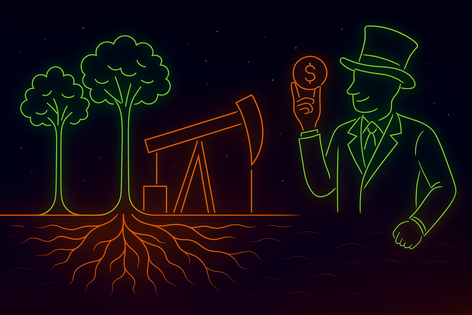 Neon illustration of a capitalist figure overseeing deforestation and oil extraction, symbolizing global resource consumption