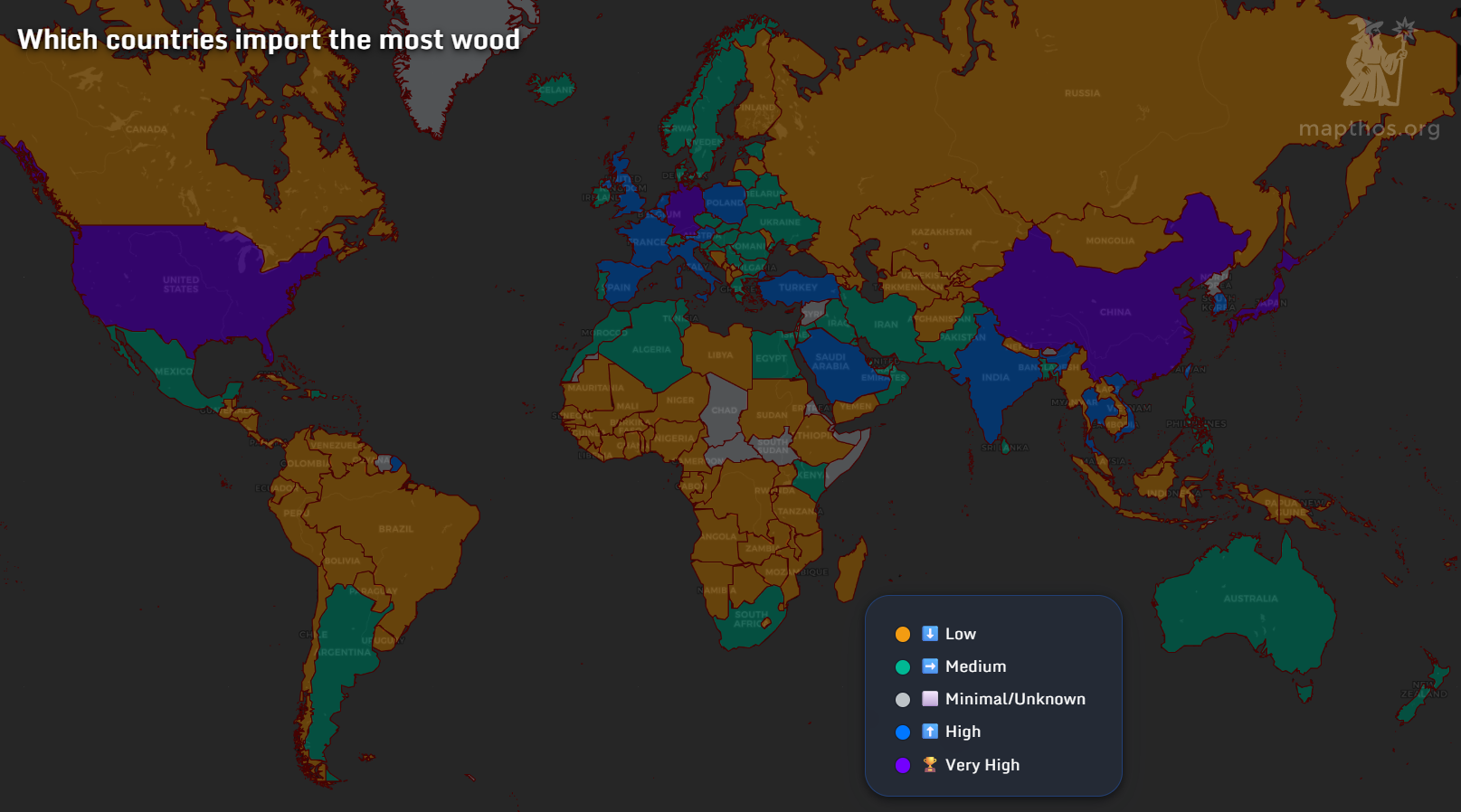Map of which countries import the most wood