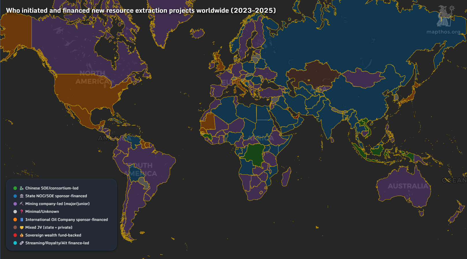 Map of who initiated and financed new resource extraction projects worldwide (2023–2025)