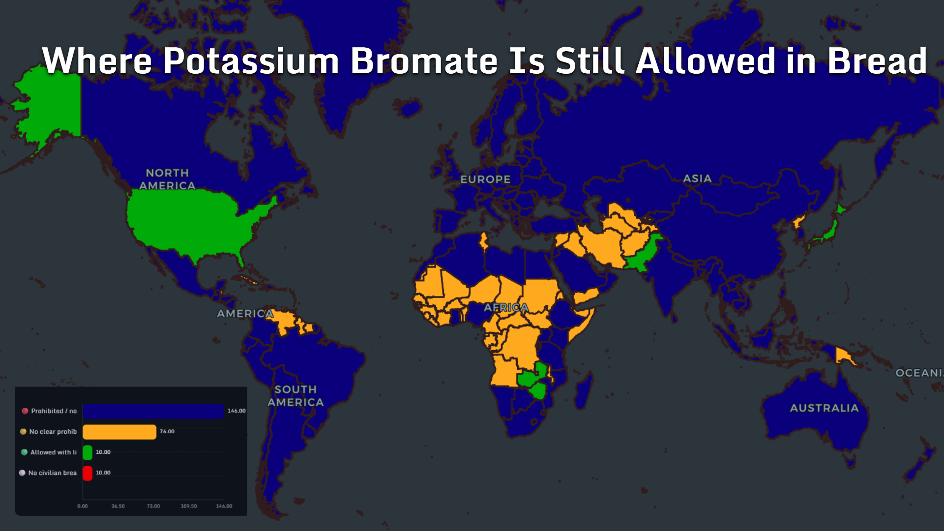World map showing where potassium bromate is still allowed in bread