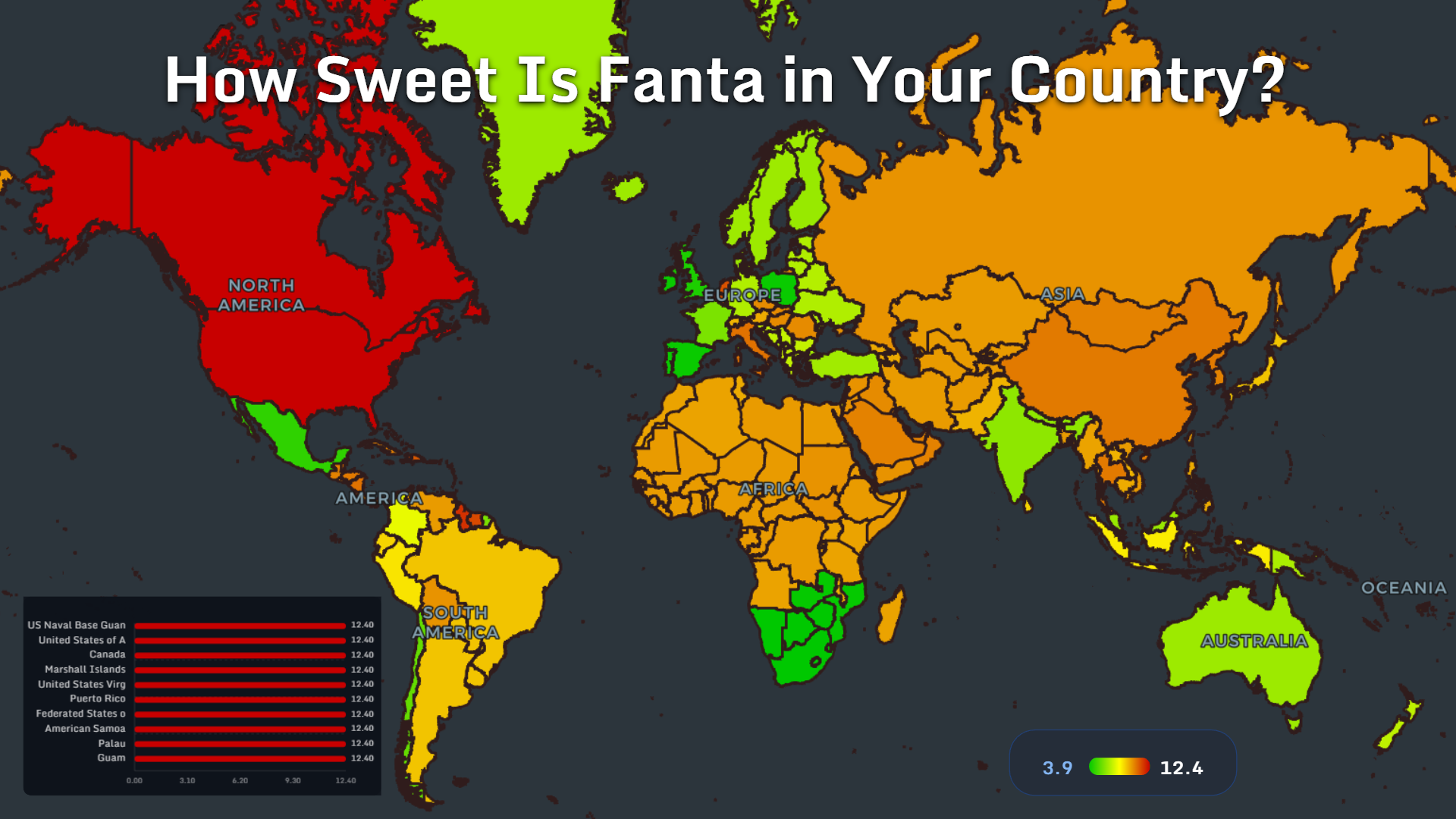 World map showing differences in Fanta sugar content by country