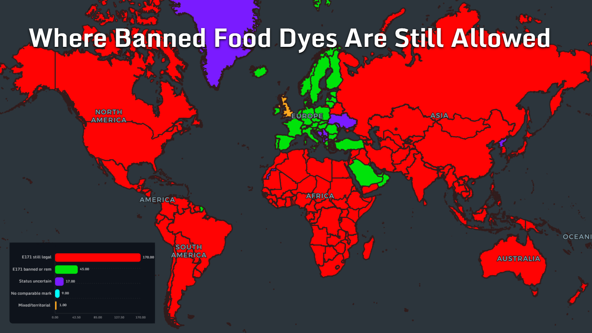 World map showing where selected food dyes remain legal or are banned