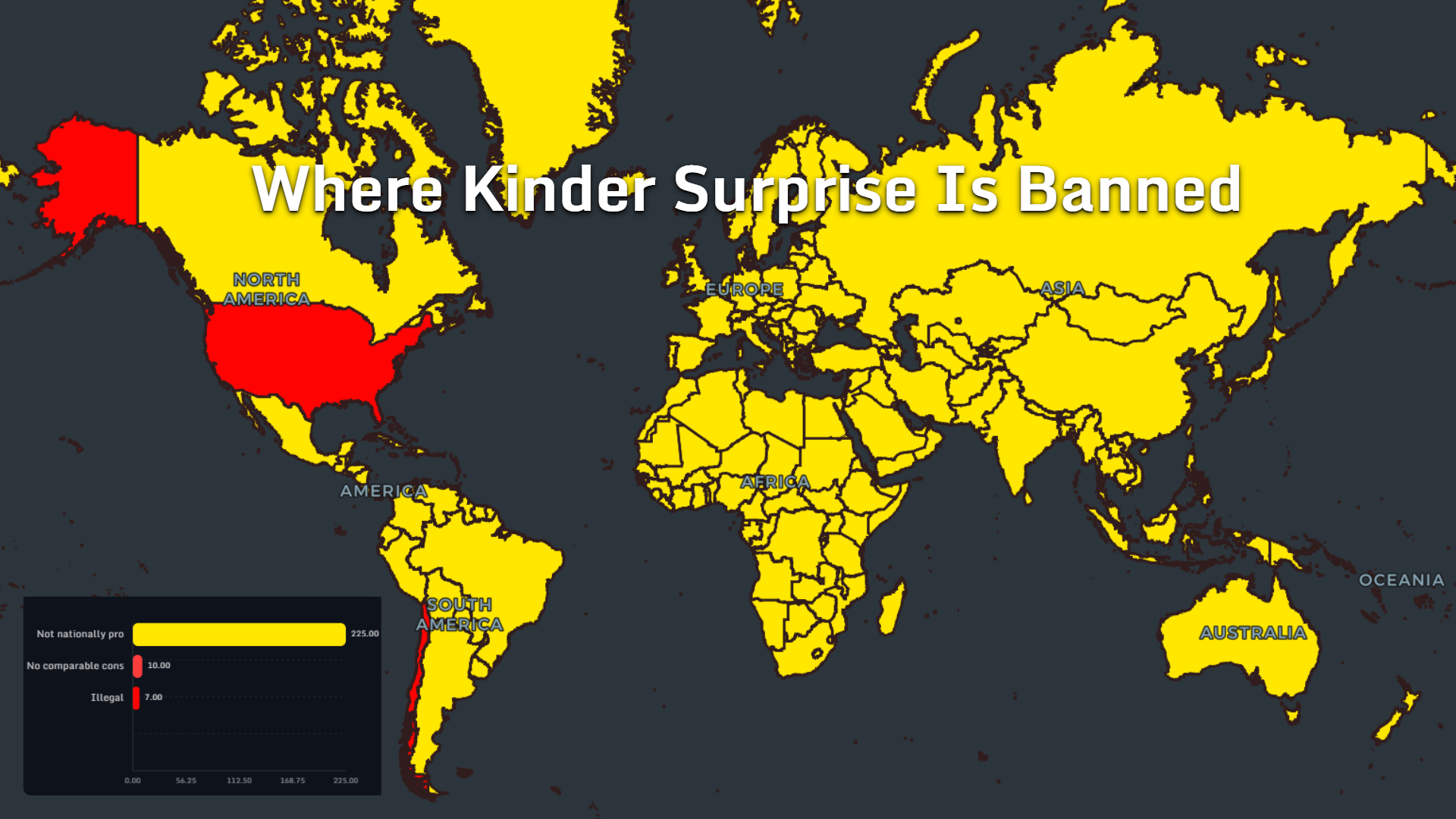 World map showing where Kinder Surprise is banned or illegal
