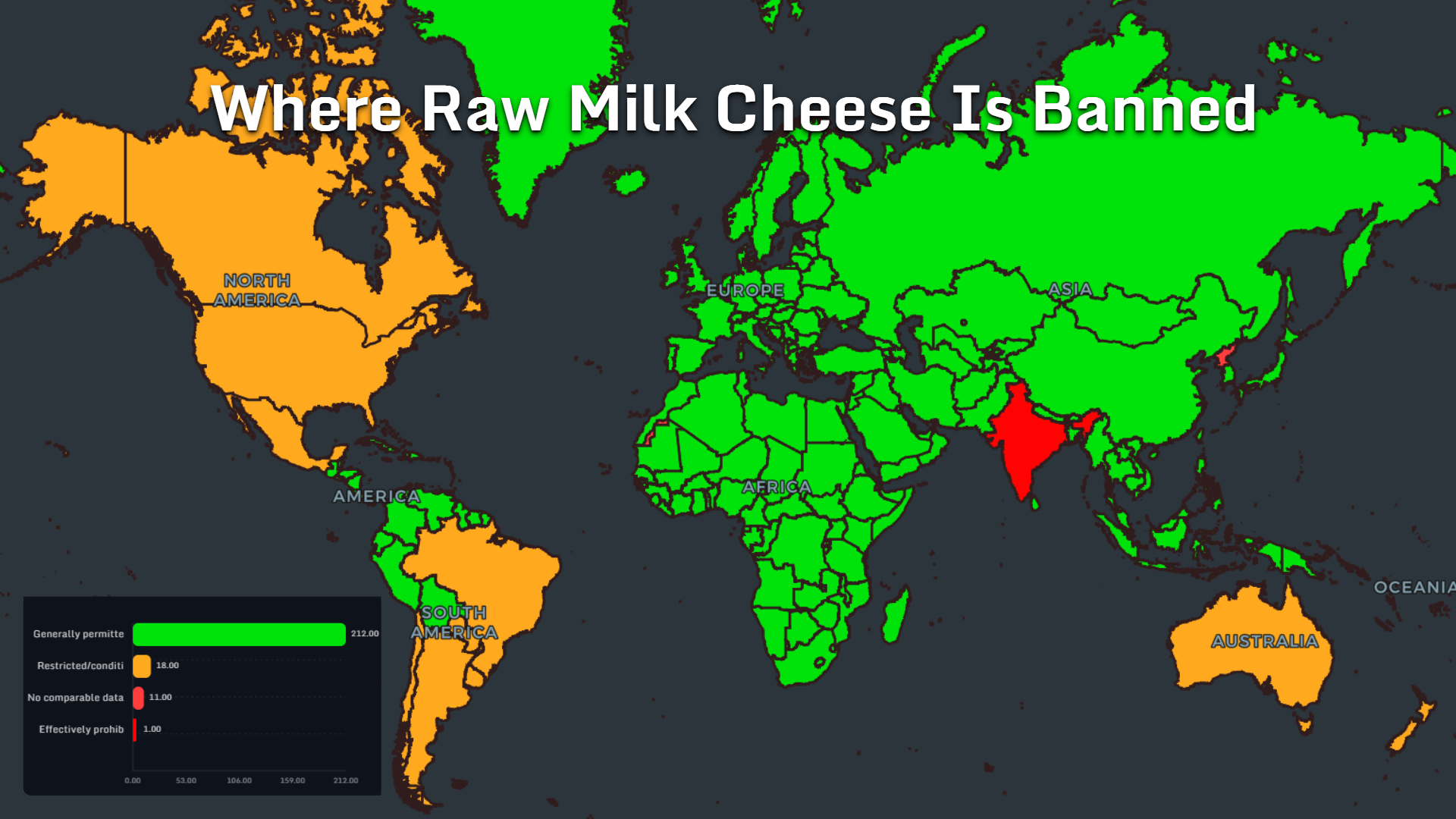 World map showing where raw milk cheese is permitted, restricted or prohibited