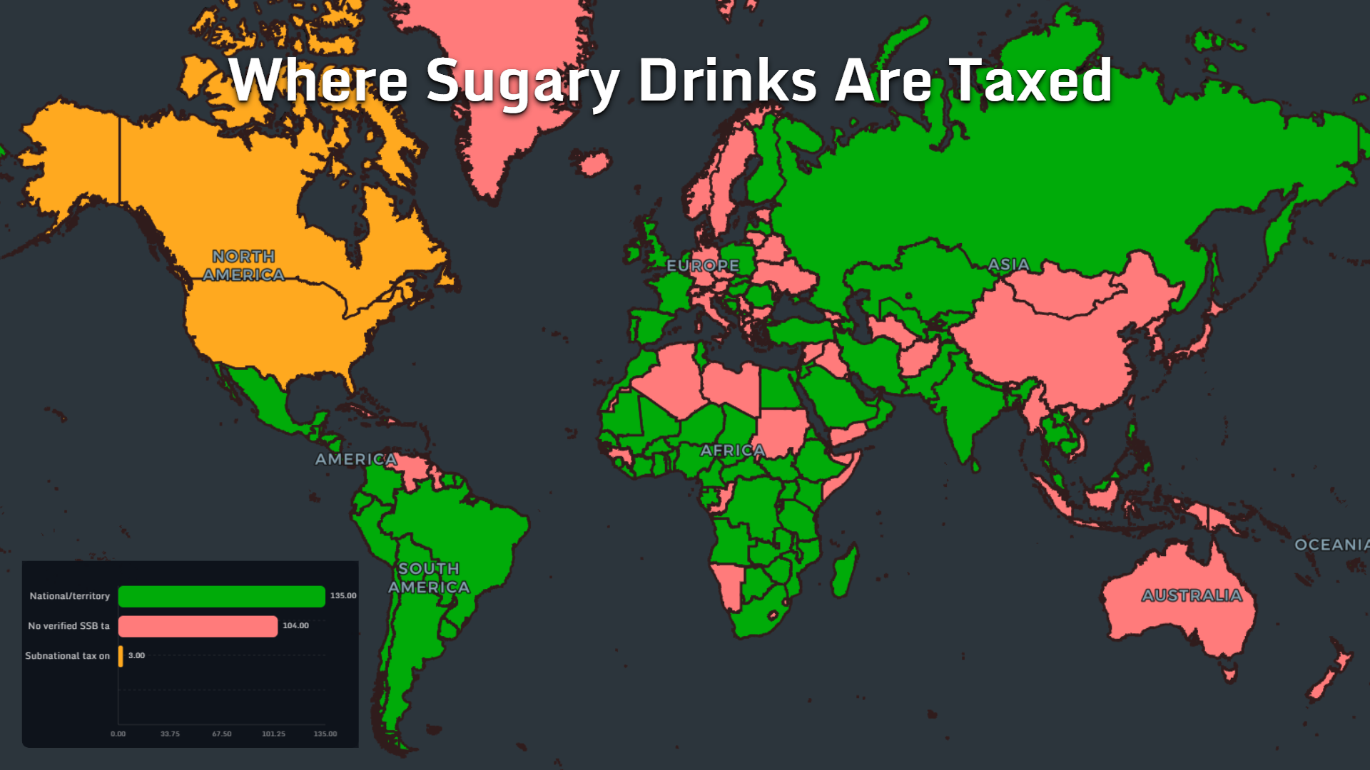 World map showing where sugary drinks are taxed